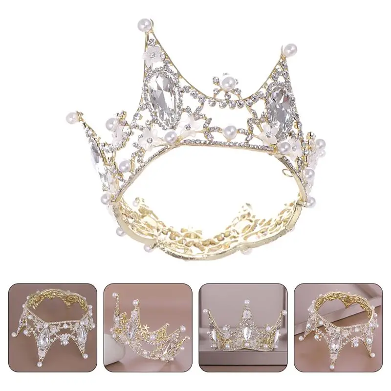 

Baroque Style Wedding Crown Pearl Crystal Flower Tiara Shining Bridal Crown