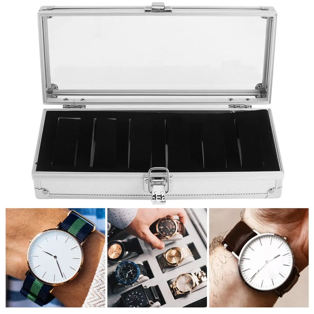 6/12 Grids Slots Aluminium Watches Box Jewelry Display Storage Square Case Suede Inside Container Watch Casket
