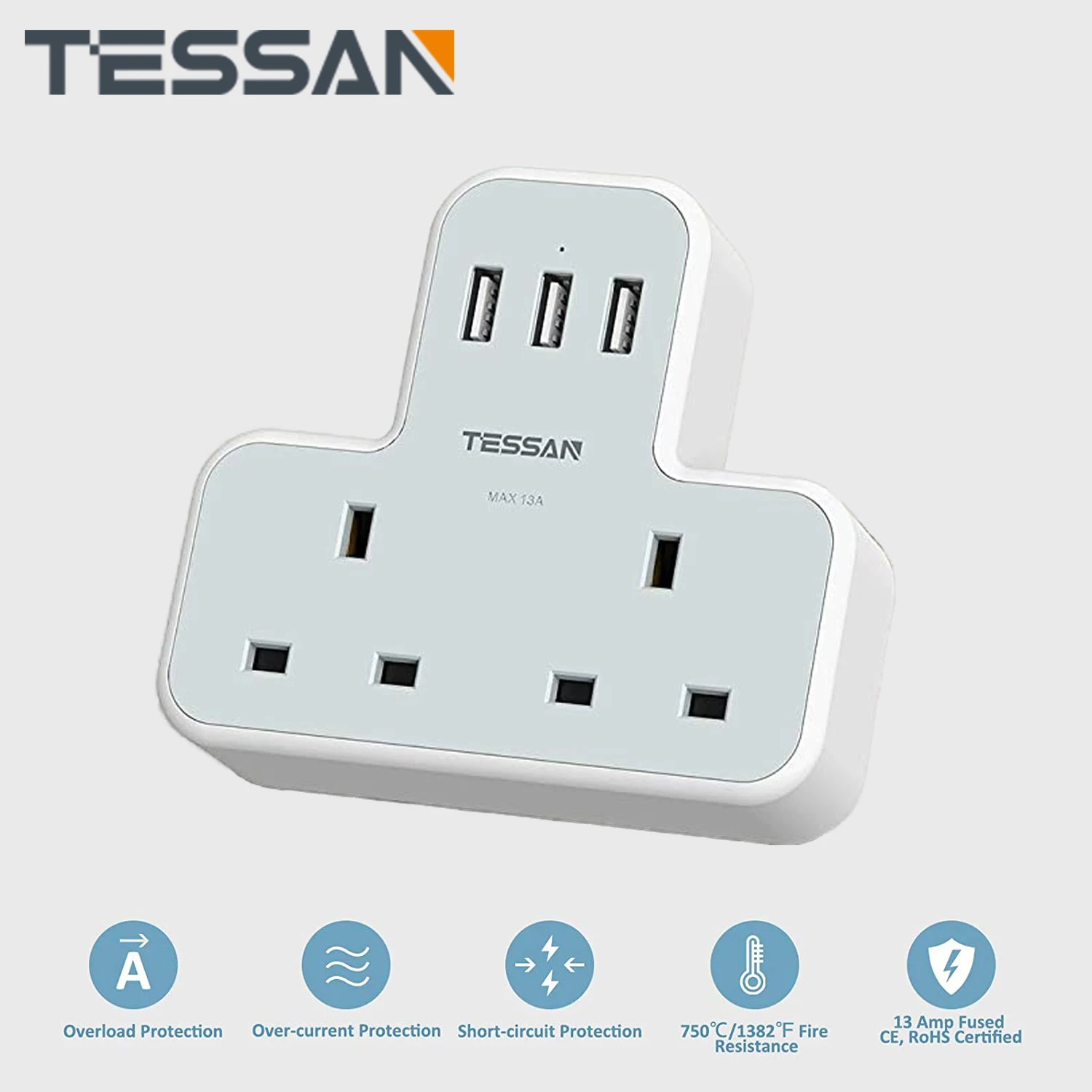 

TESSAN 5 in 1 Double Outlets Adapter with 3 USB Ports, Multi Plug Socket Extensions, UK Plug Wall Socket for Smartphone, Laptop