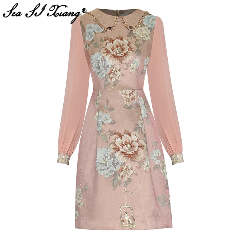 

Seasixiang Fashion Designer Spring Jacquard Dress Women Beading Peter pan Collar Long Sleeve Vintage Short Dresses