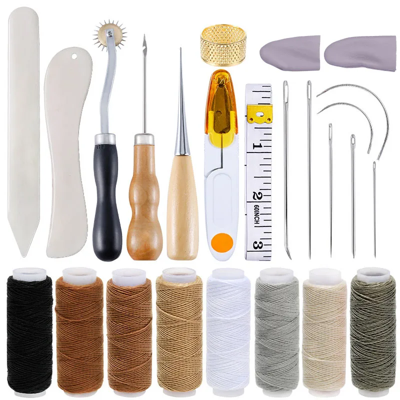 

KAOBUY Leather Craft Tools Kit Waxed Thread Needles Bone Folder Wooden Handle Awl Hand Sewing Leather Craft Making Tools Set