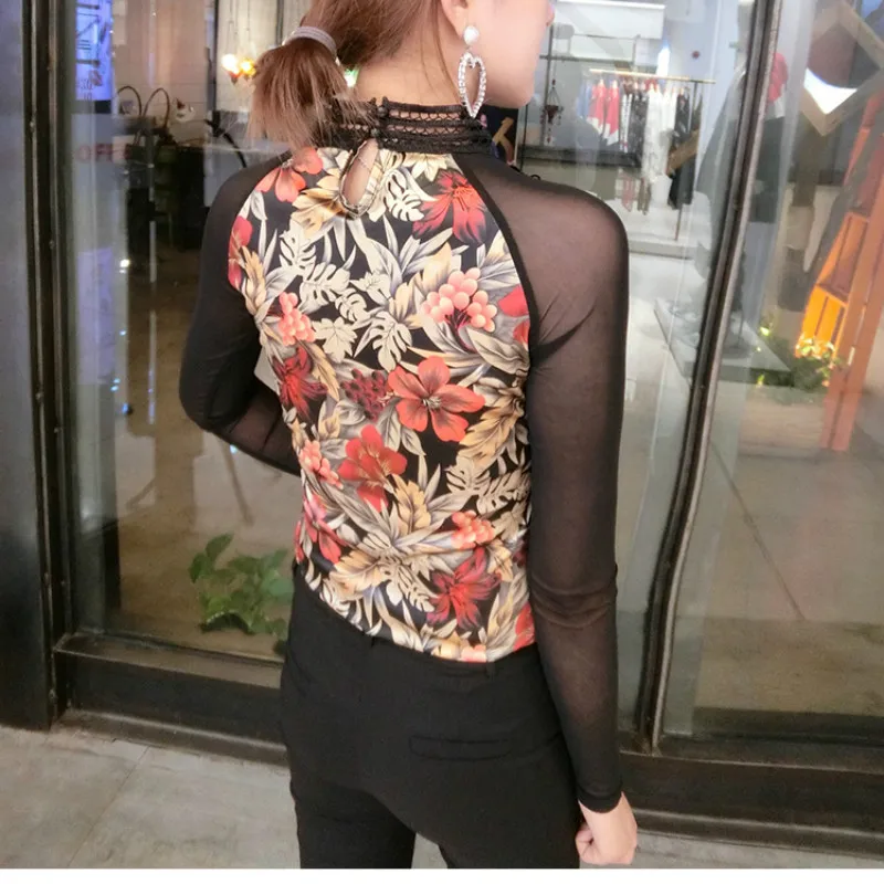 

2021 Autumn Winter Lace Stitching Sexy Women Shirts New Long Sleeve Bottom Blouse Women Slim Hollow Leopard Ladies Tops 6745 50