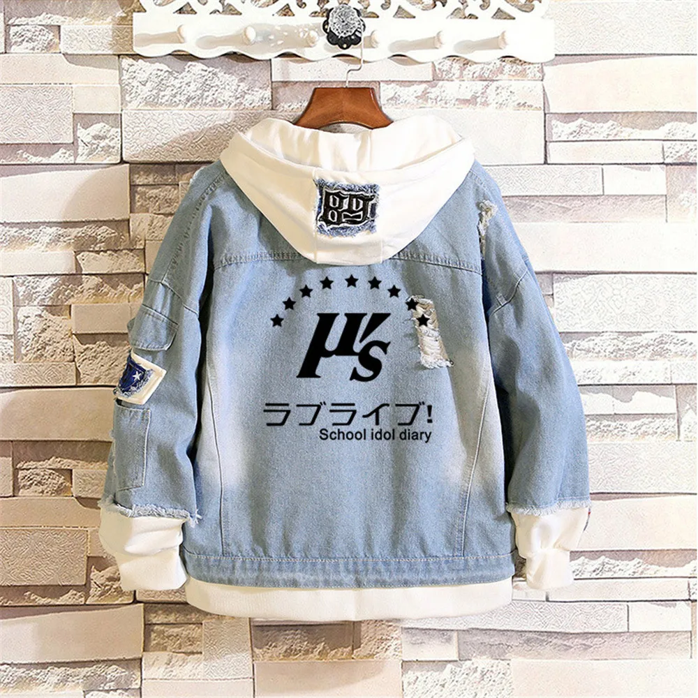 LoveLive!School idol project Cosplay Fake Two Piece Denim Jacket Hoodie Tops Hooded Jeans Coat Sweatshirt Autumn Outwear Unisex |