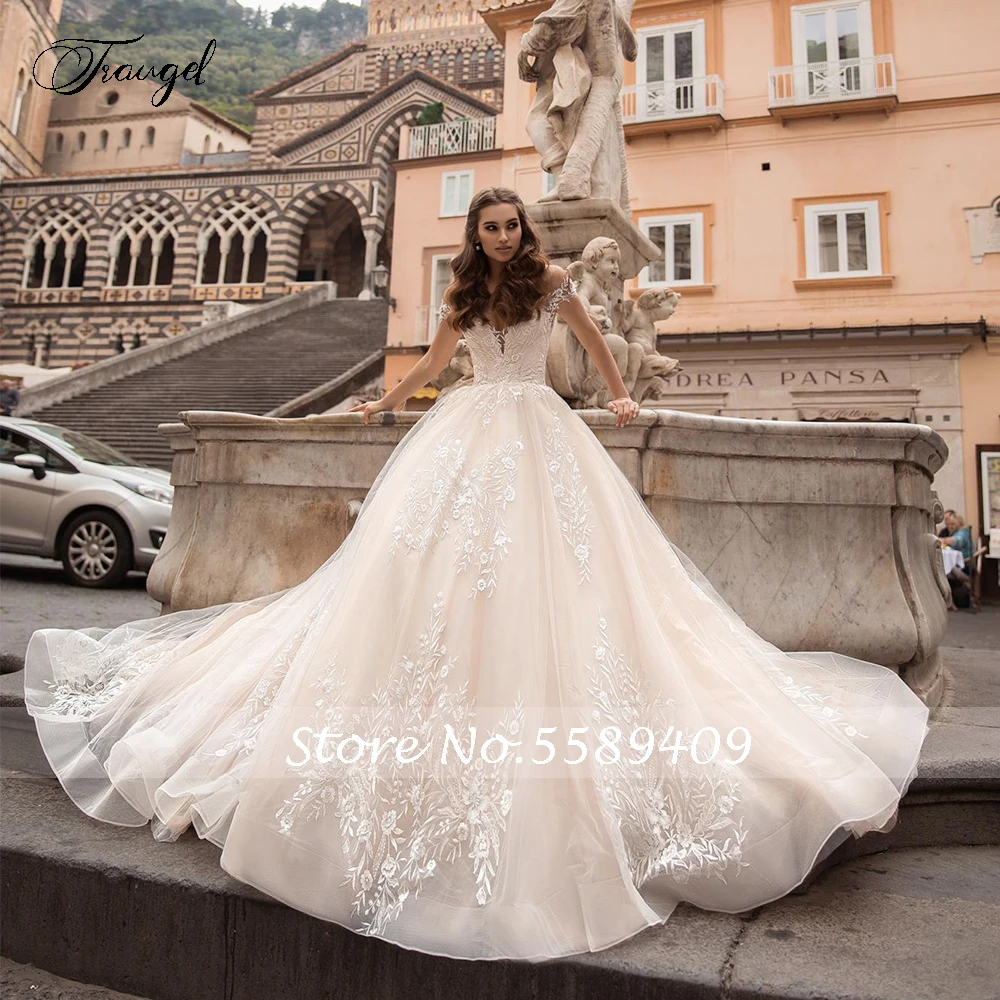 

Traugel Sweetheart A Line Lace Wedding Dresses Applique Off The Shoulder Backless Bride Dress Chapel Train Bridal Gown Plus Size