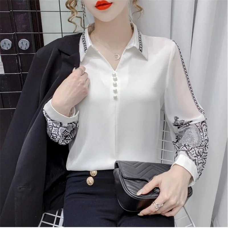 Винтажная шифоновая рубашка с принтом женские блузки пуловер отложным