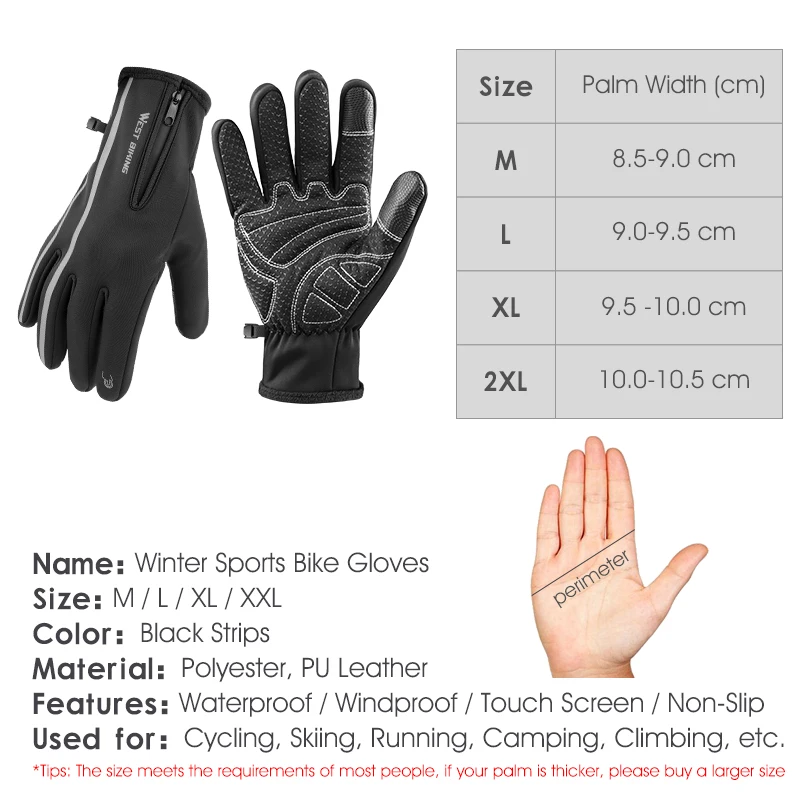 

WEST BIKING Winter Heated Gloves Thermal Fleece Windproof Reflective Gloves Motorcycle Bicycle MTB Touch Screen Leather Gloves
