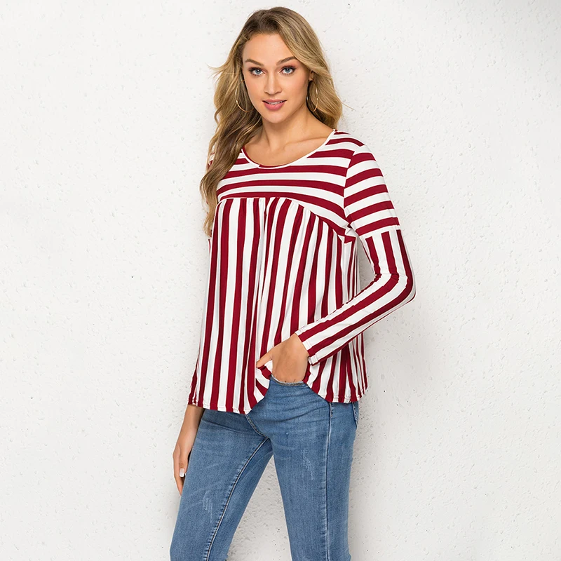 Повседневная Женская Красная белая полосатая футболка с длинным рукавом