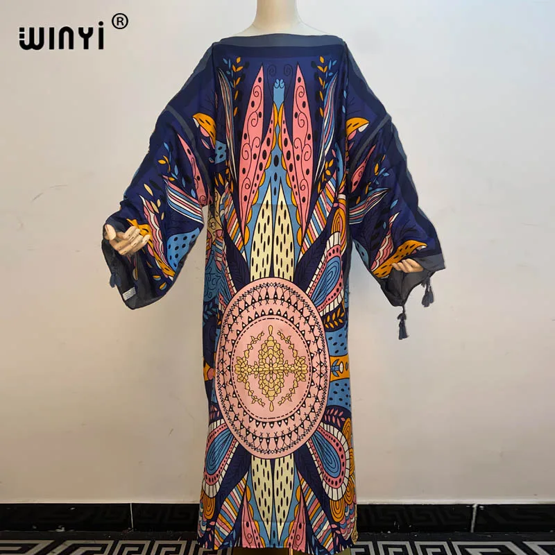 

2021 WINYI summer Pleated Dress Women Hit Color Splash Ink Design With Sashes Stand Collar Seven Sleeve Long New winter Fashion