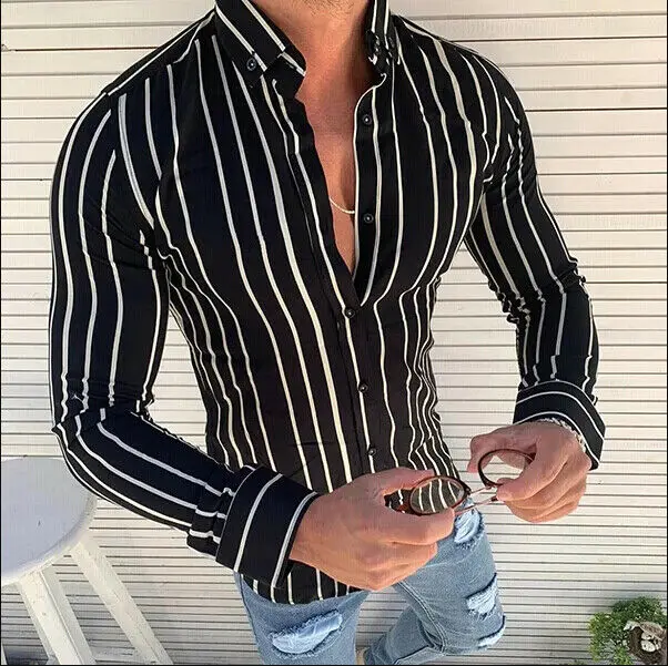 New Men Shirt Long Sleeve Casual Striped Button Turn-down Neck Fashion Slim Blouse Mens Tops | Мужская одежда