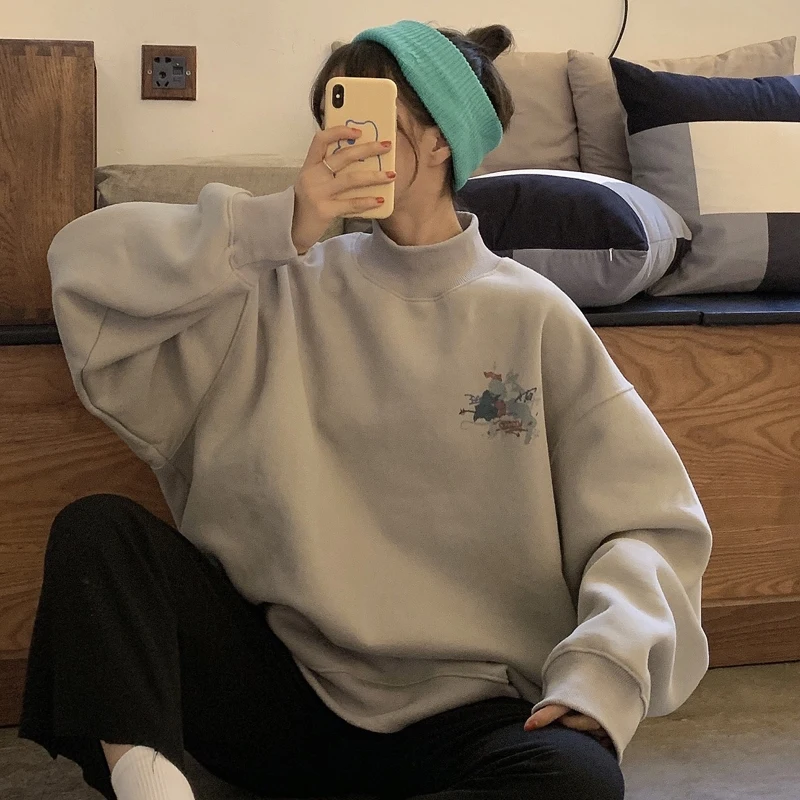 

Hoodies Women's Clothes Tops Harajuku Printed Turtleneck Kawaii Simple Pullover Korean Style Sweatshirt Oversized Velvet Warm
