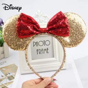 Аксессуары для волос Disney, повязка на голову в европейском и американском стиле, с бантом и блестками, головной убор с ушками Микки и Минни