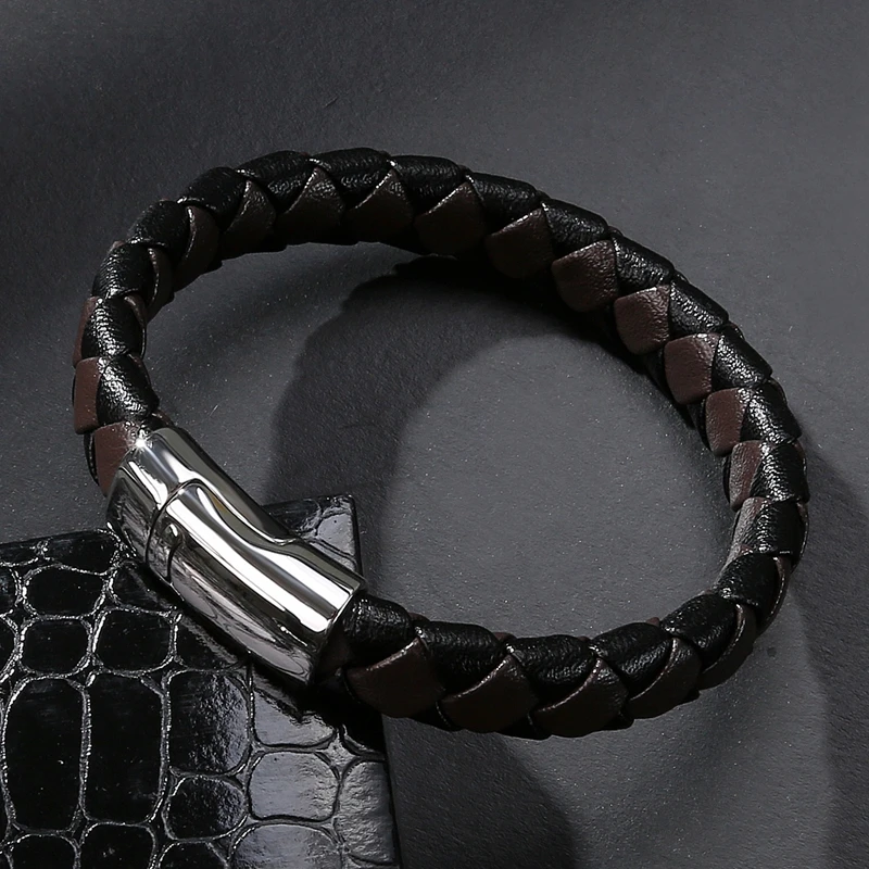 Мужской плетеный кожаный браслет MOZO коричневый ручной работы из нержавеющей