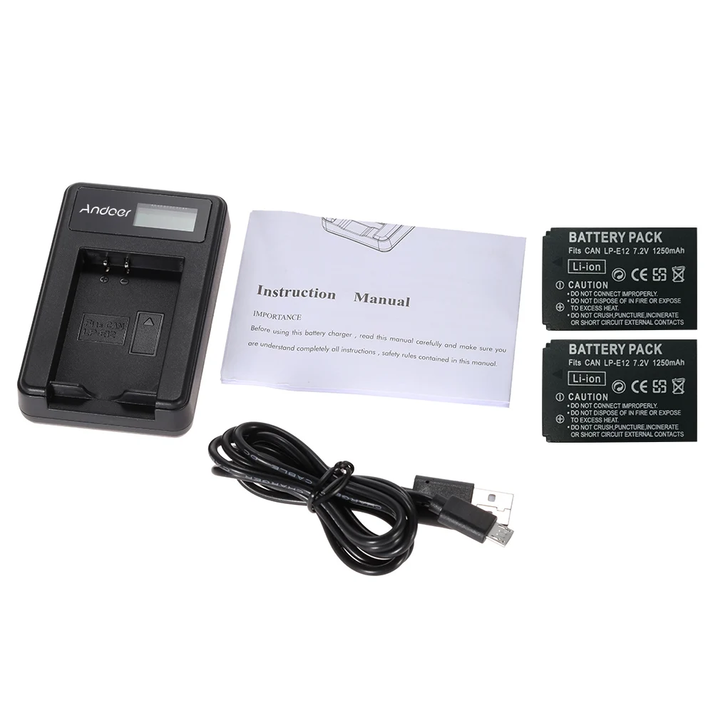 Andoer LP E12 2 шт 7 4 в 1200 мАч перезаряжаемая батарея с ЖК дисплеем зарядный комплект USB