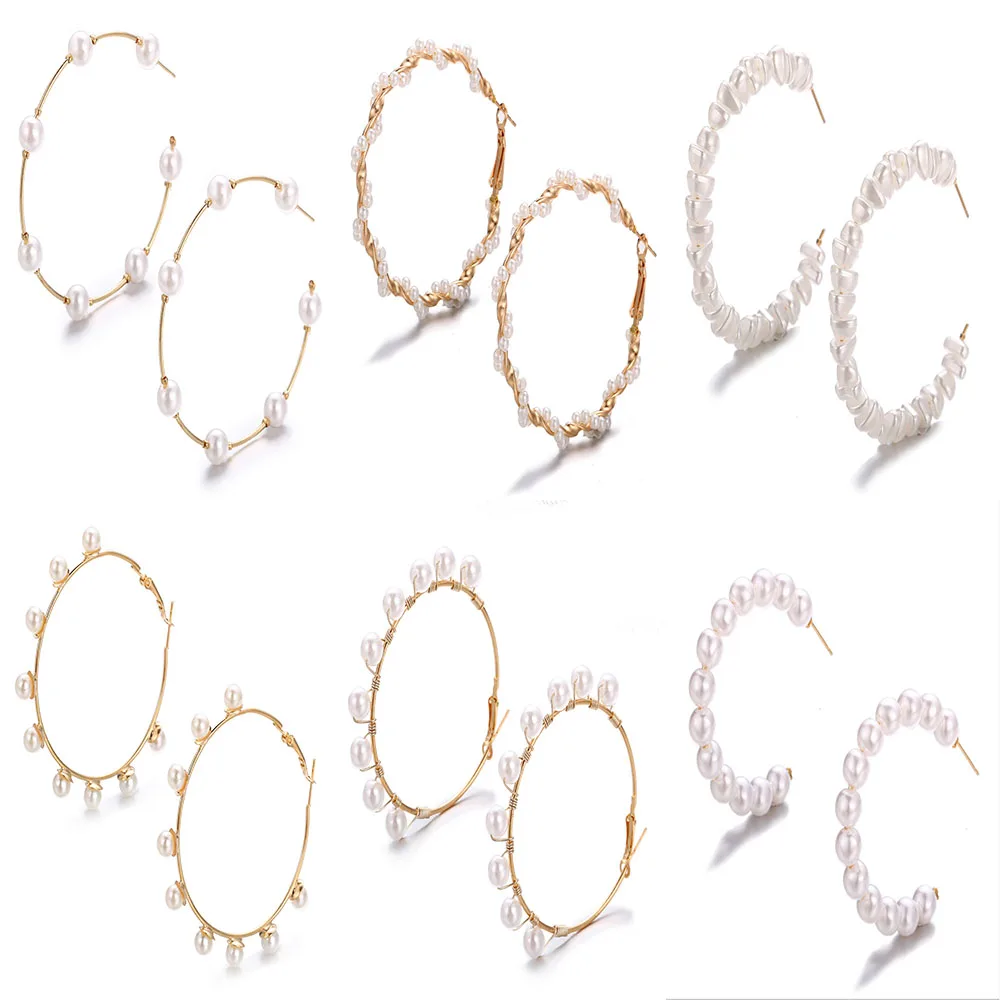 Женские серьги кольца с кристаллами большие золотистые камнями и жемчугом