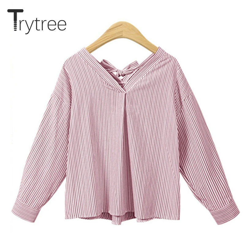 Trytree 2020 Весенняя женская блузка повседневная с v образным вырезом в полоску