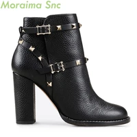 moraima snc women boots buckle rivet decoration black round toe short boots chunky high heel black new autumn winter shoes