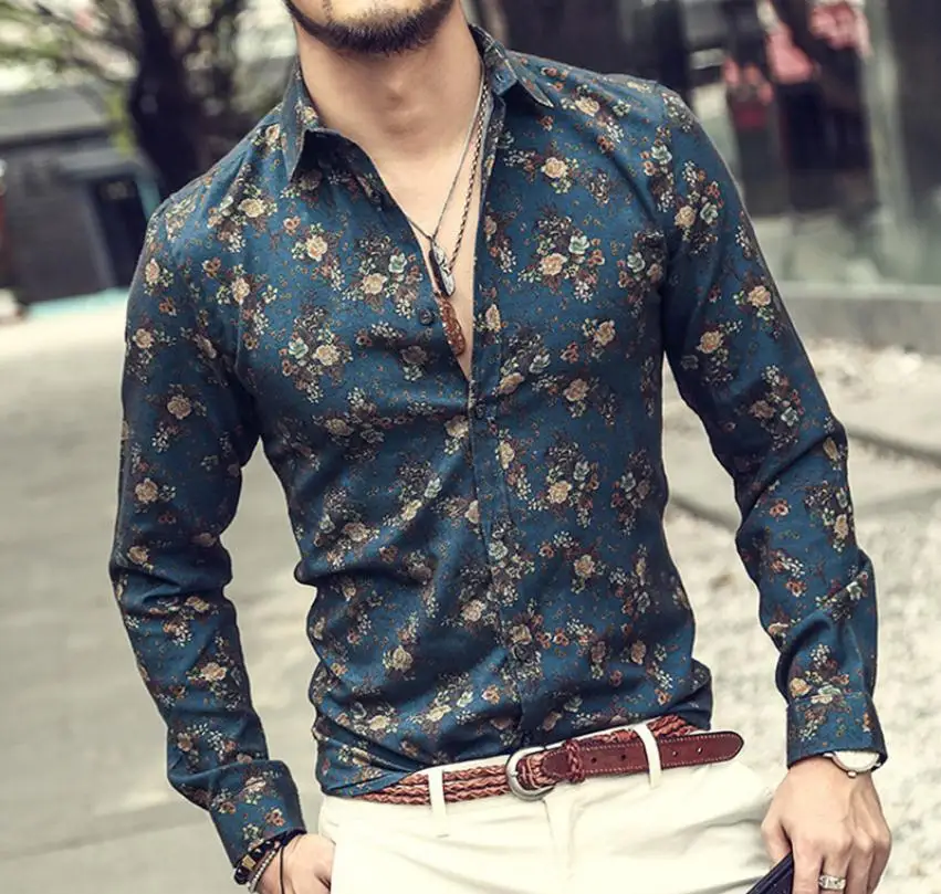 

Мужская рубашка с цветочным принтом, приталенная рубашка с длинным рукавом, из хлопка и сатина, для вечеринок, J3301