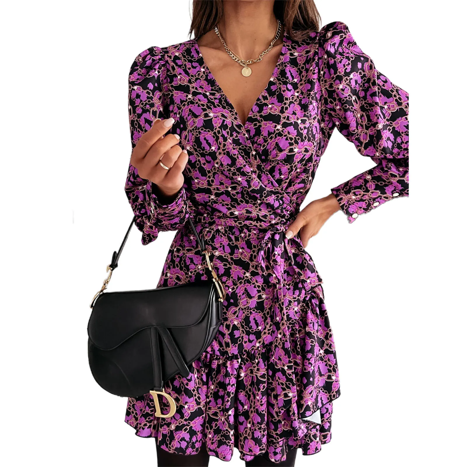 

Fashion Women Long Puff Sleeve Dresses with Belt Elegant Retro Ruffle Hem Sexy V-neck Vestidos Summer Spring Clothing
