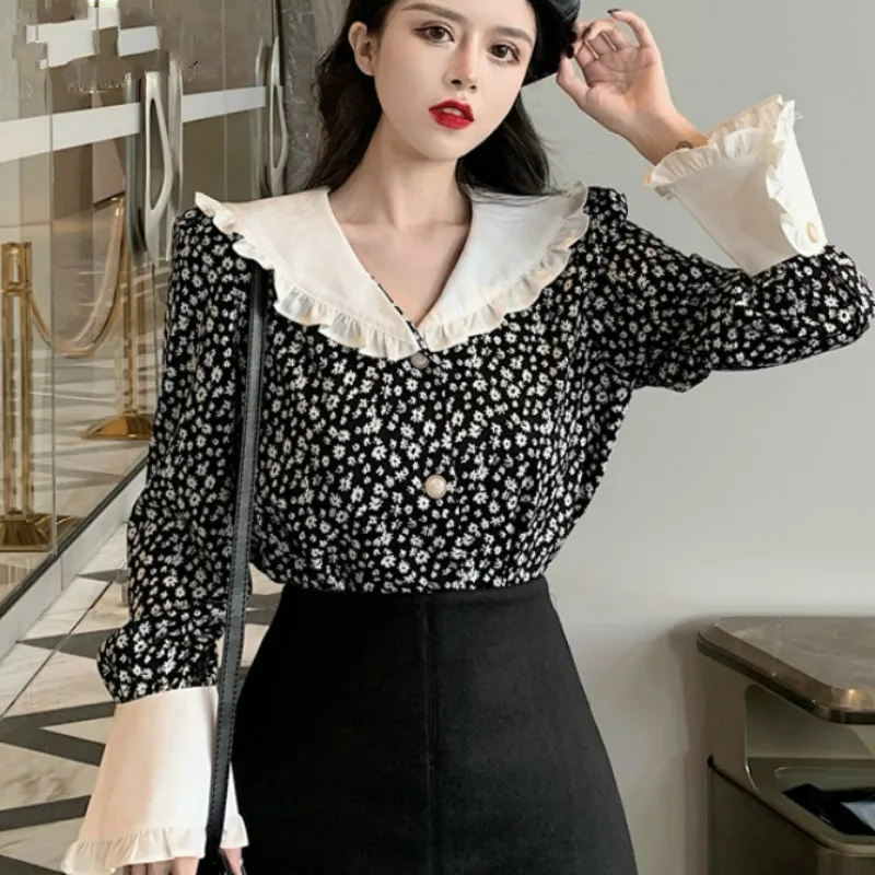 

Vintage Flower Print Ruffles Women Blouse Chic Peter Pan Collar Panelled Patchwork Shirts 2021 Autumn Loose Blusas