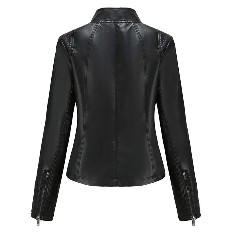 Women Faux Leather Jacket Autumn Long Sleeve Solid Zipper Pocket Biker Oversize Leather Coat Female Casual Black Jacket Outwear