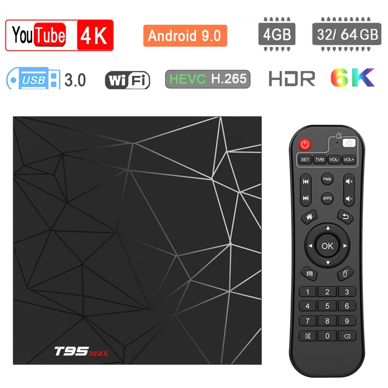 Приставка Смарт-ТВ T95 Max на Android 9 0 4 + 64 ГБ ядра 6K 2 ГГц | Электроника