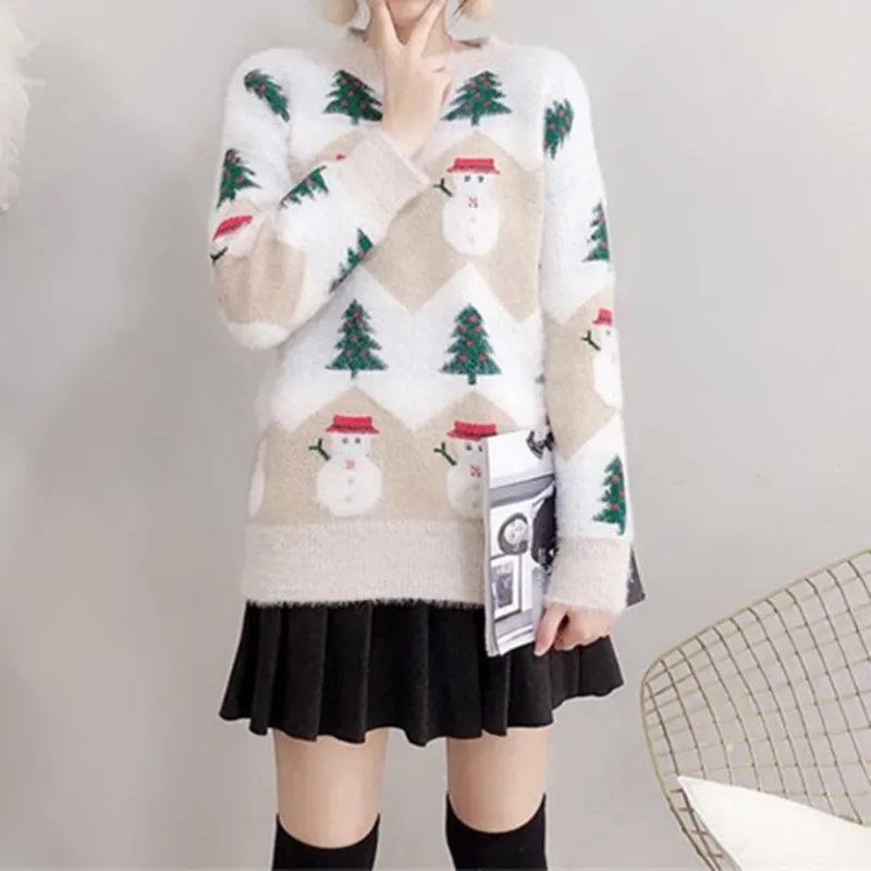 

Autumn and winter 2021 mink like cashmere printed Christmas Sweater women's Korean loose fitting sweet sweater student trend