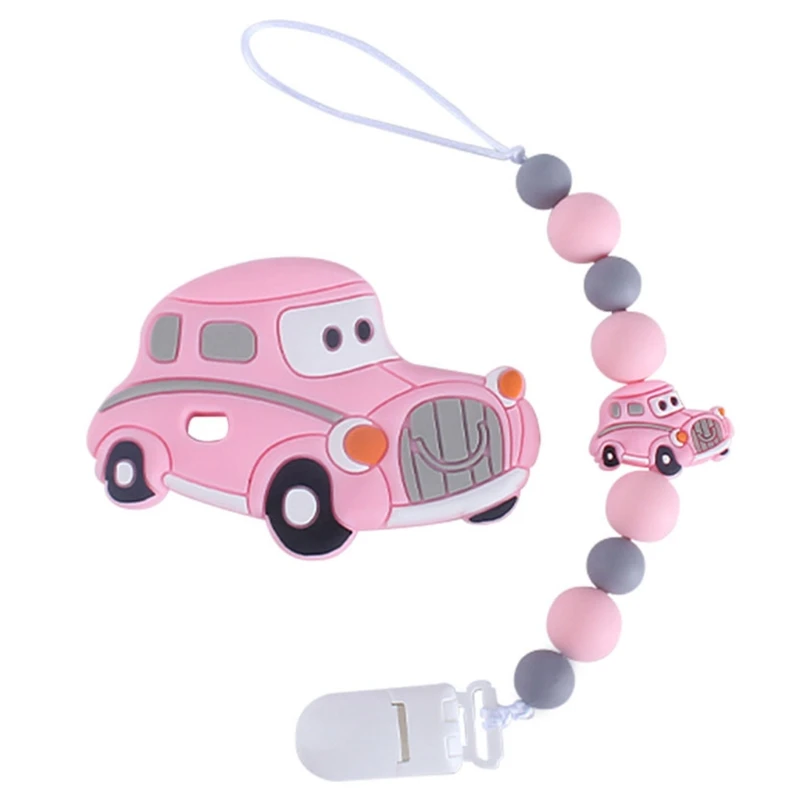 

2 Pcs Baby Pacifier Chain Cartoon Car Shaped Teether Set Nipple Clip Holder Infant Silicone Teething Soother Molar Toys