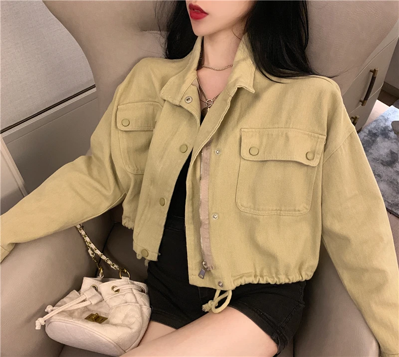 

turn-down collar vintage long sleeve Women's Clothing single breasted tops pockets crop top Korean style Spring autumn Jackets