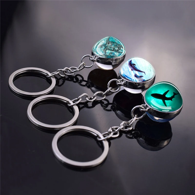 

Fashion Sea Animals Keychain Turtle Starfish Shark Jellyfish Dolphin Pattern Double Side Glass Ball Pendant Keyring