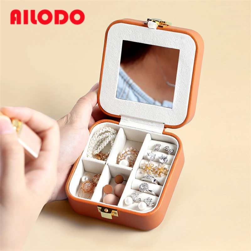 

Ailodo New Portable Mini Jewelry Box With Mirror Women Necklace Rings Earrings Jewelry Storage Box Travel Case Casket Wholesale