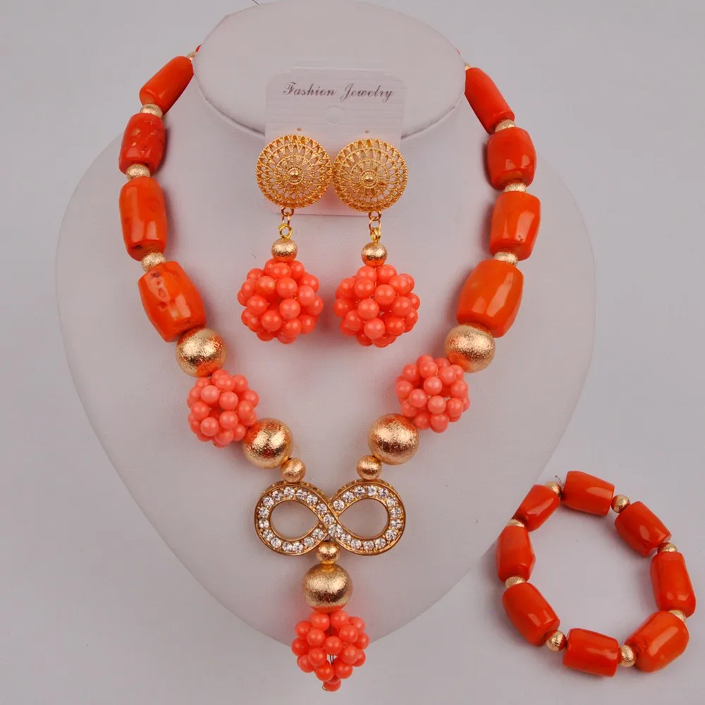 Оранжевый натуральный коралл браслет из ожерелья и бисера серьги Нигерия Свадебные украшения Африканские Женщины Свадебные торжества ком...