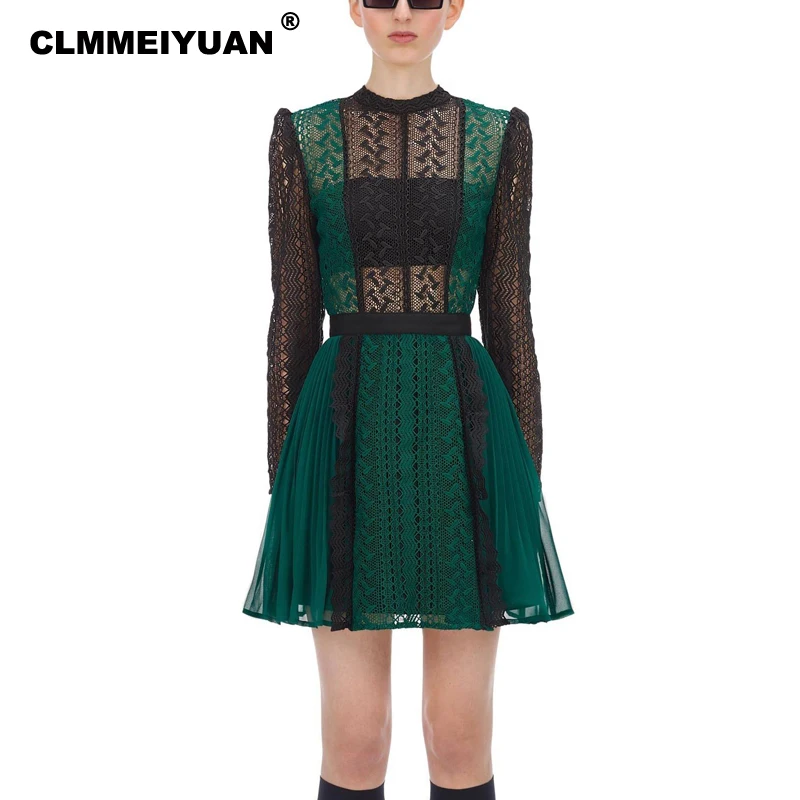 Elegant Tunic Crochet Lace Mini Dress Women 2019 Autumn New Long Sleeve Pleated Chiffon Dresses Female Bodycon Evening Vestidos | Женская
