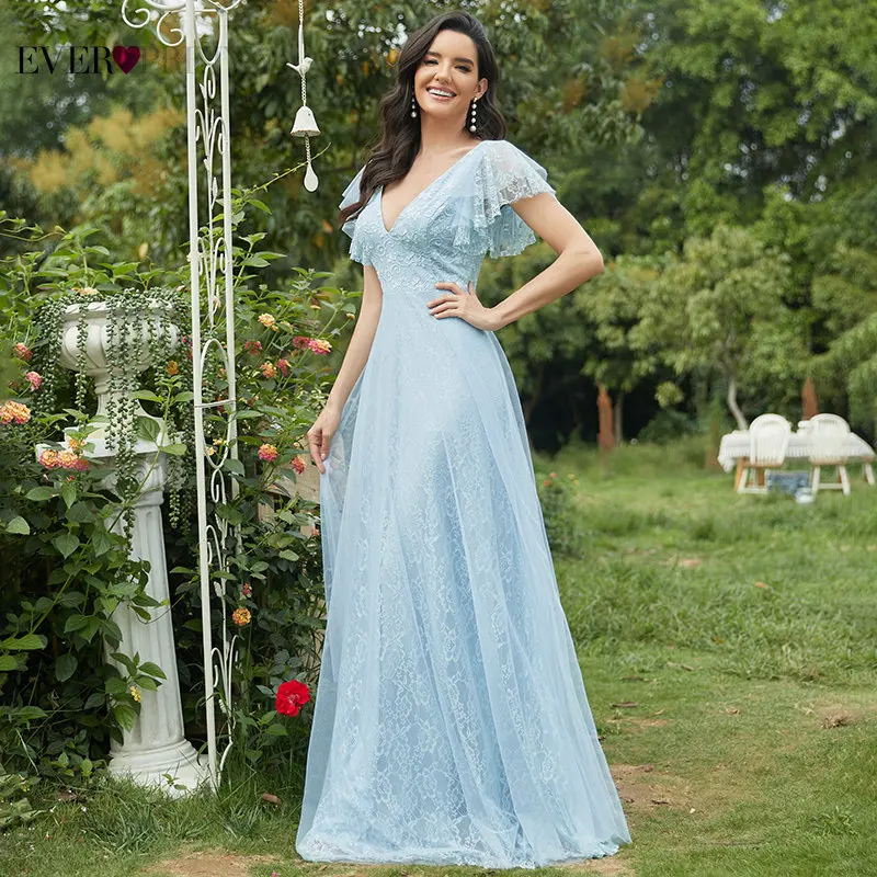 Женское вечернее платье с оборками Ever Pretty длинное голубое кружевное трапеция