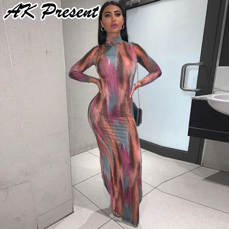 

Sexy Women's Tie Dye Fashion Maxi Printed Elegant Dress Split Long Skirt For Party 2021 Autumn