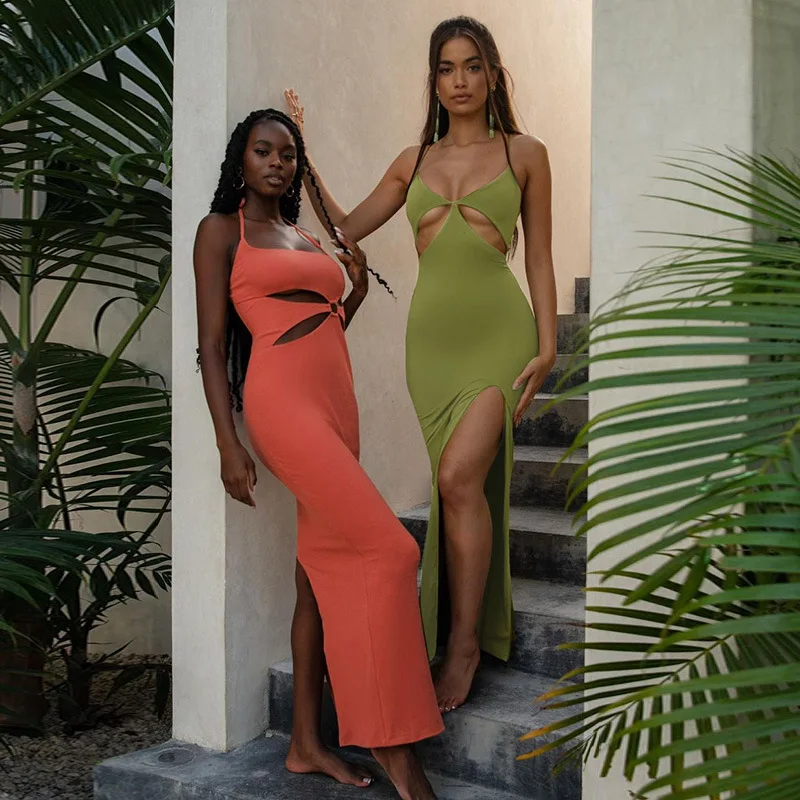 

2021 Sexy Split Fork Hollow Out Strap Maxi Dress Summer Women Fashion Club Urbano Party Streetwear Outfits Long Bodycon Dress