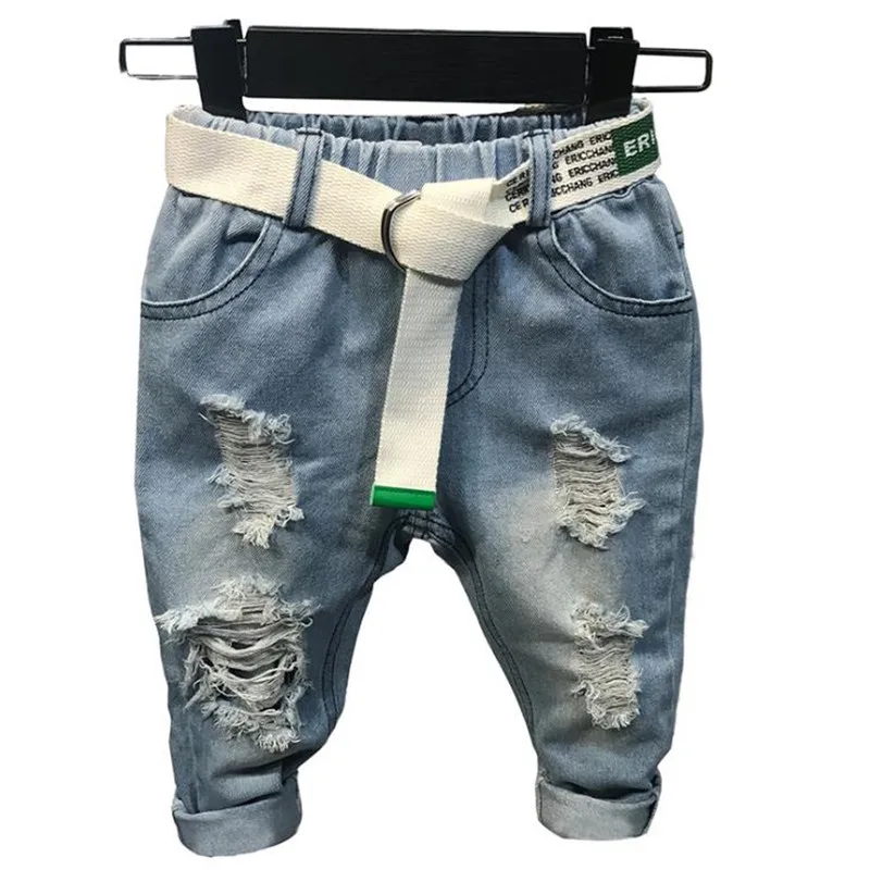 

Джинсы DFXD для мальчиков 2-7 лет, модные рваные джинсы из хлопка с эластичным поясом, длинные брюки из денима с дырками, без ремня, на осень