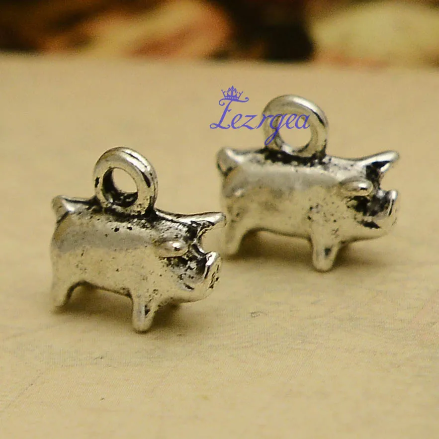 

25pcs/lot--11x11x4mm, pig cham,Antique silver plated 3d tiny pig charms DIY supplies,Jewelry accessories