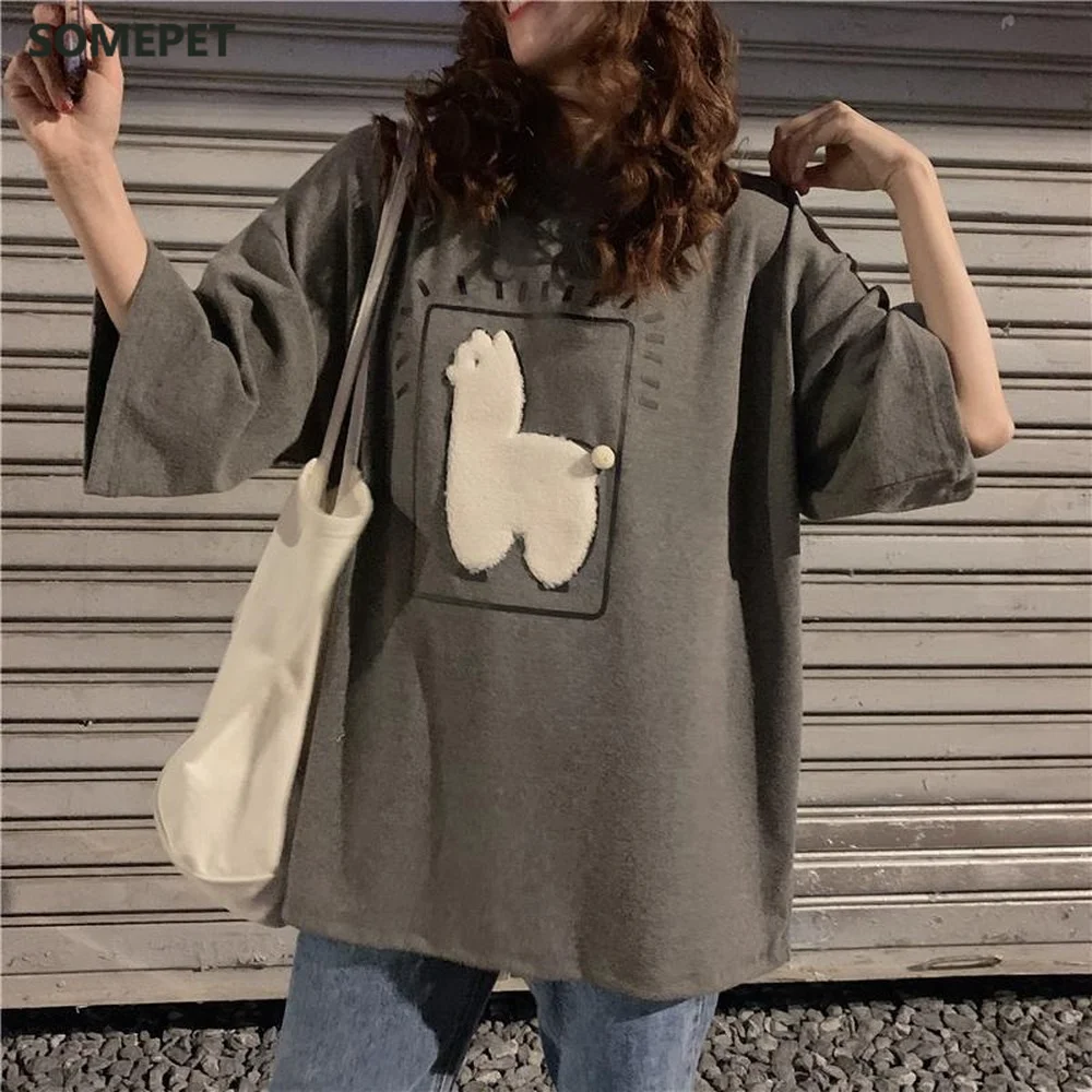 

Cartoon Alpaca Animal Printed Casual Loose Oversize Korean Style Summer Short Sleeve Women Top Female T-shirts
