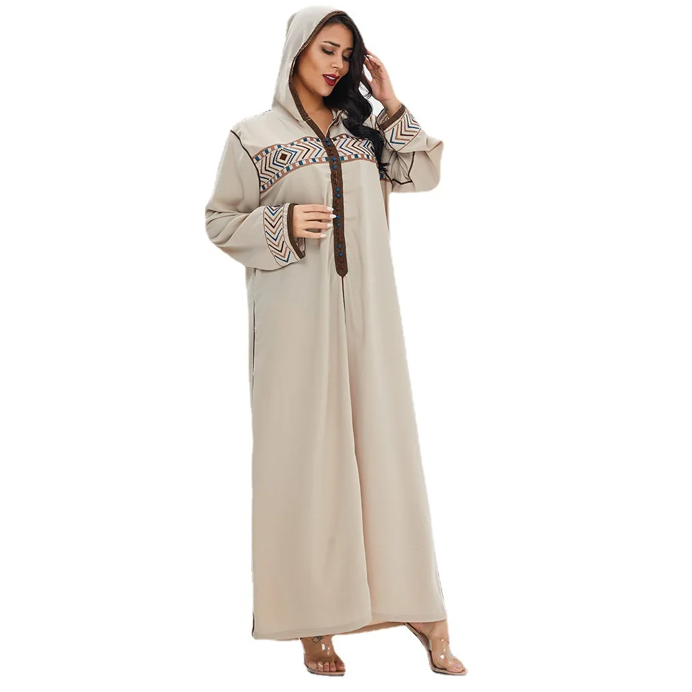 

Women Moroccan Jellaba Handsewn Rhinestone Hooded Abaya Dress Loose Long Sleeves Bugle Beaded Muslim Party Evening Gowns Caftan