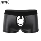 Мужские трусы-боксеры из искусственной кожи, черные трусы с низкой талией и металлическим уплотнительным кольцом, с вырезами и эффектом влажного вида, сексуальное нижнее белье для мужчин, гей-трусы