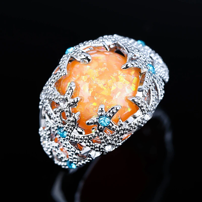 Женское кольцо с оранжевым огненным опалом Синие стразы морская звезда