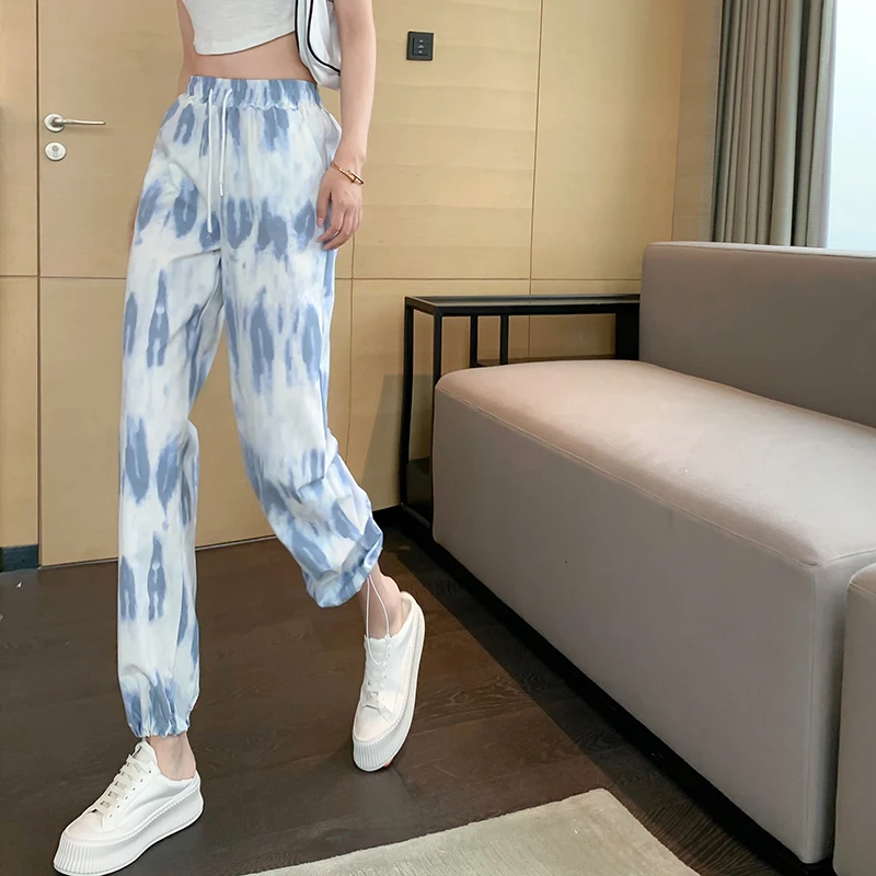 

2021 Spring Summer High Waist Loose Slim Tie-Dyed Women Trousers Ins New Korean Style Drawstring Ladies Casual Straight Pants
