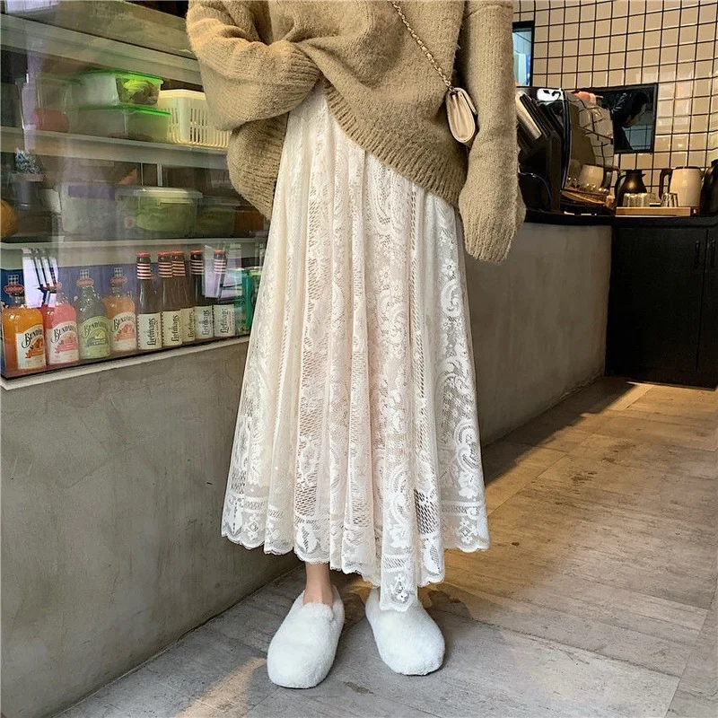 

HOUZHOU Lace Long Skirts Women Vintage High Waist Fairycore A-line White Midi Skirt Autumn Korean Fashion Elegant Casual Clothes