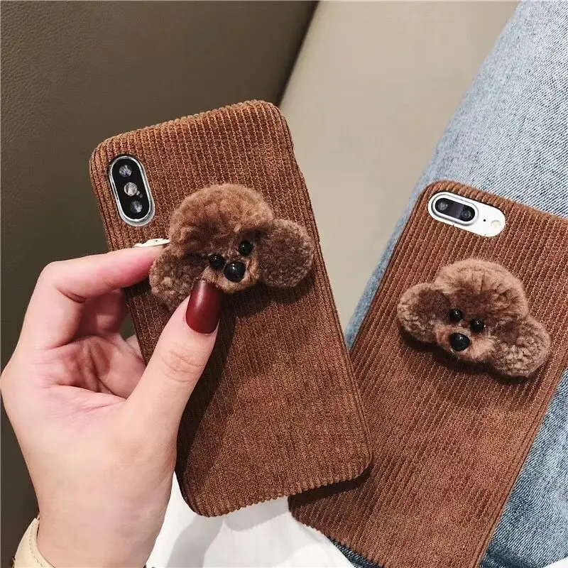 

Soft Silicone Phone Case For iPhone 11 Pro Max XR X XS Max Case Fluffy Plush Brown Dog Warm Cover For iPhone 6 6S 7 8 Plus Shell