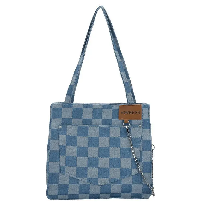 

Ladies summer new checkerboard canvas bag large capacity personalized chain design tote bag student bag casual shoulder bag 2021