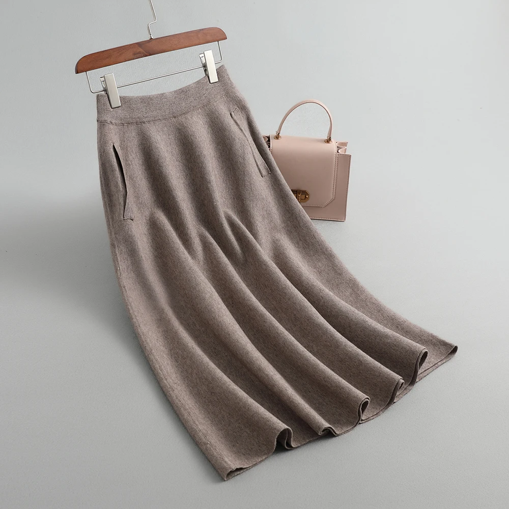

Sherhure 2020 Шерстяная трикотажная зимняя длинная трапециевидная юбка с высокой талией и карманами, осенняя Женская юбка Faldas Jupe Femme Saia