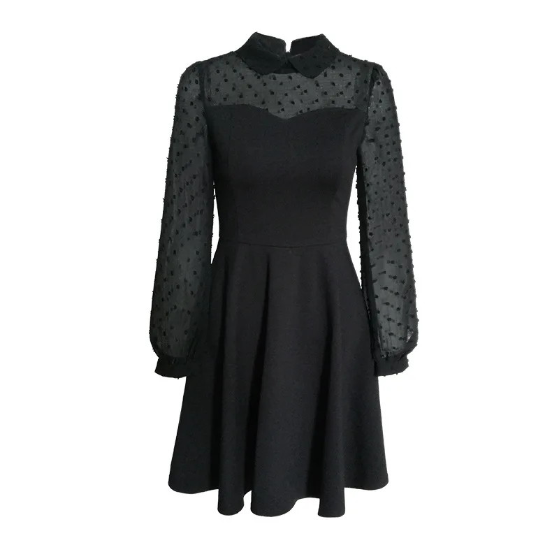 new fashion autumn women solid dress mini long sleeve Peter pan collar casual dresses 2020 female hollow out dress