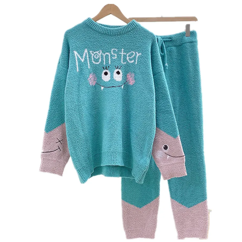 

Cute Monster Pajama Set Smiley Sleep Tops Sleepwear High-End Feather Yarn Female Pyjamas Winter Keep Warm Women's Home Clothes