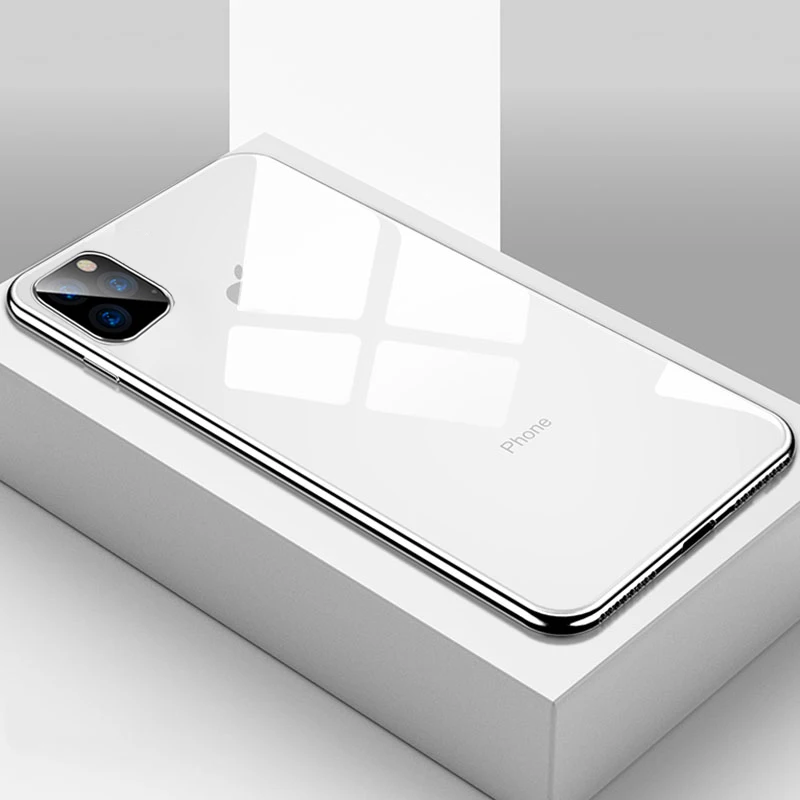 Luxury Electroplated Glass Phone Case For iPhone XS MAX XR X 7 8 6 6s Plus Logo Plating Cover For iPhone 11 Pro Shockproof Case - Color: White