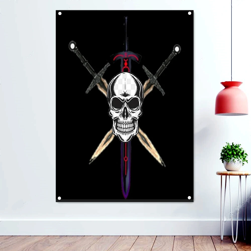 

Skull and Cross Crossbones Poster Wall Art Sabres Swords Jolly Roger pirate Dead Man's Chest Flag Banners With Four Metal Buckle